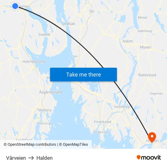 Vårveien to Halden map