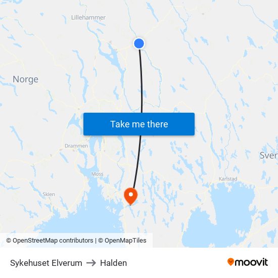 Sykehuset Elverum to Halden map