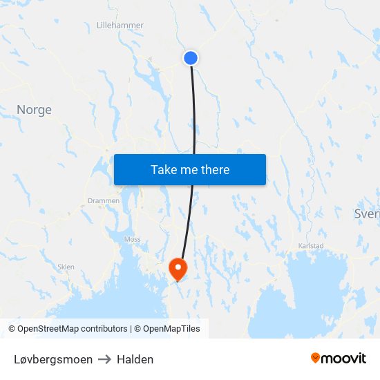 Løvbergsmoen to Halden map