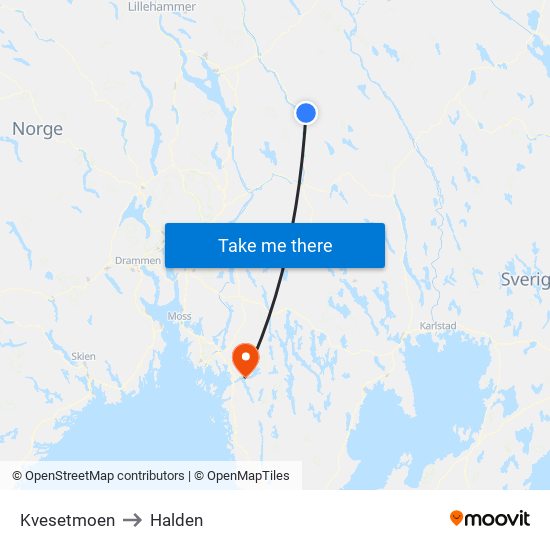 Kvesetmoen to Halden map