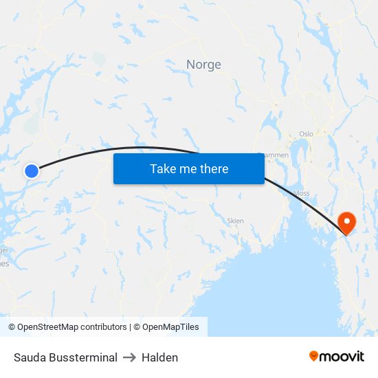 Sauda Bussterminal to Halden map