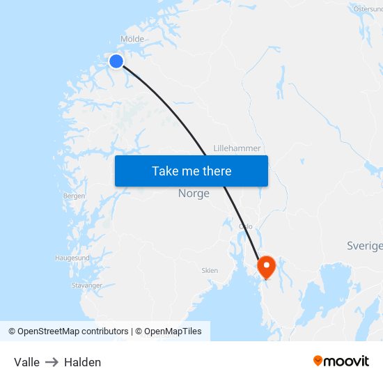 Valle to Halden map