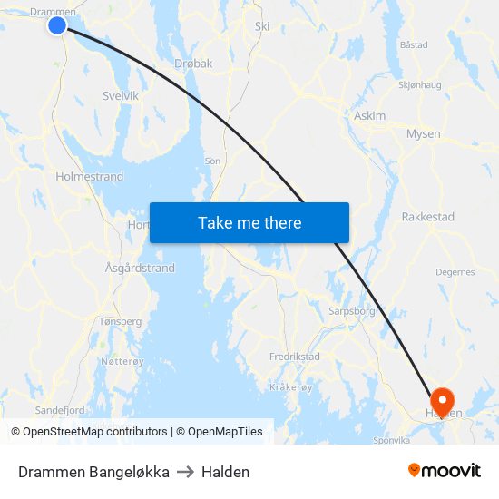 Drammen Bangeløkka to Halden map