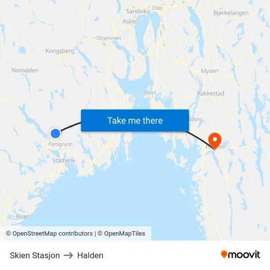 Skien Stasjon to Halden map