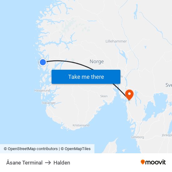 Åsane Terminal to Halden map