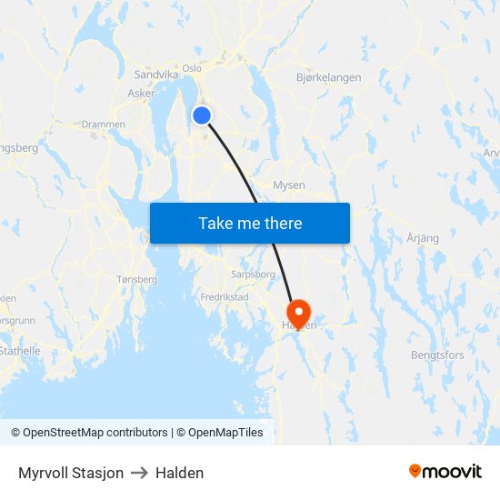 Myrvoll Stasjon to Halden map