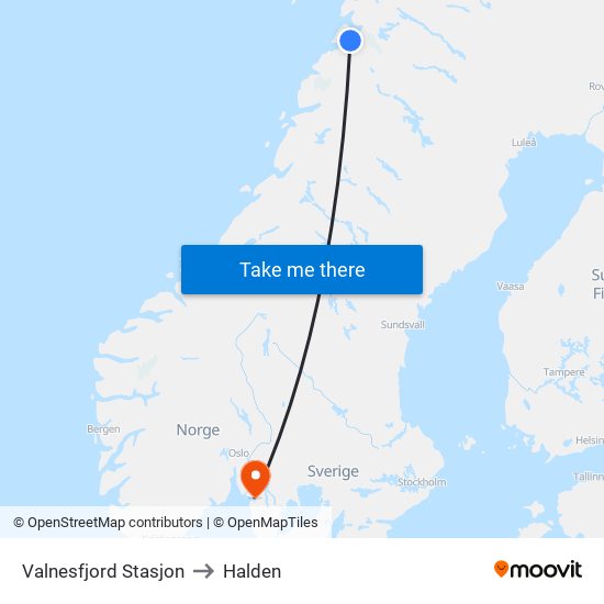 Valnesfjord Stasjon to Halden map