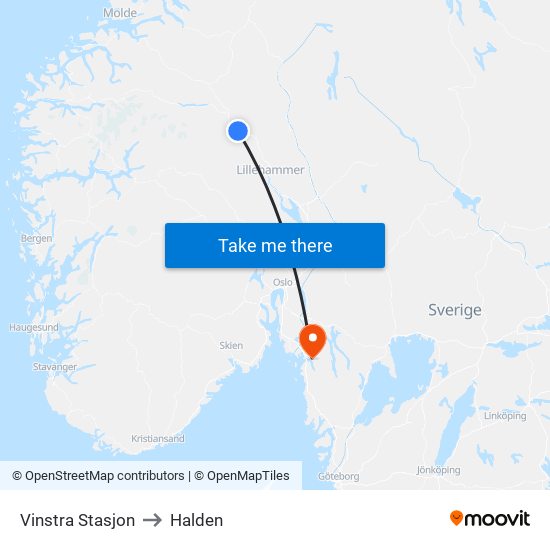 Vinstra Stasjon to Halden map