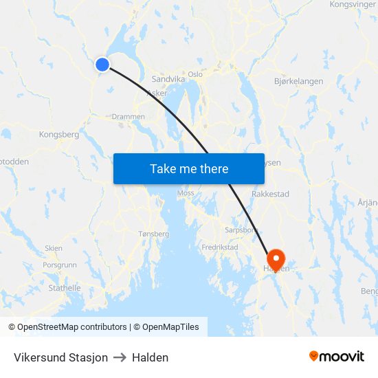 Vikersund Stasjon to Halden map