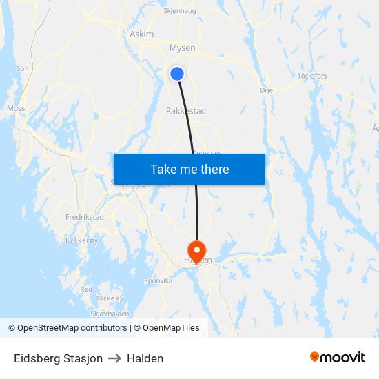 Eidsberg Stasjon to Halden map