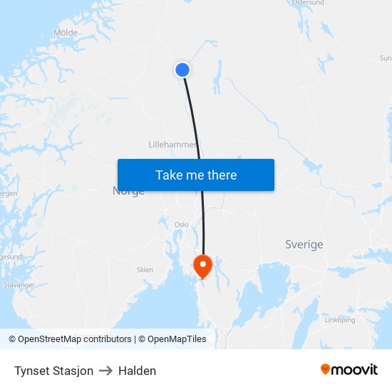 Tynset Stasjon to Halden map