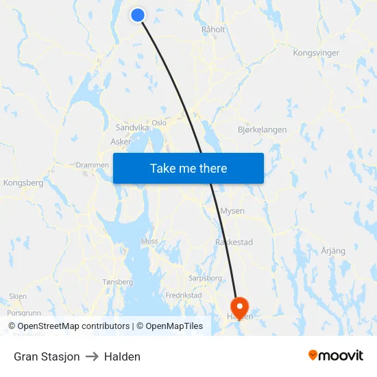 Gran Stasjon to Halden map
