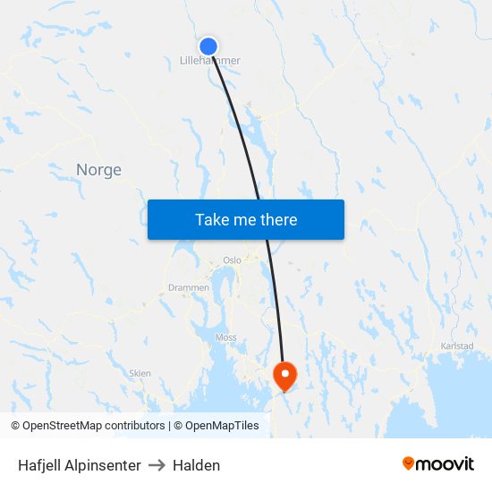 Hafjell Alpinsenter to Halden map