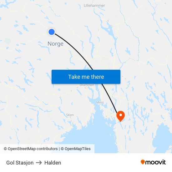 Gol Stasjon to Halden map