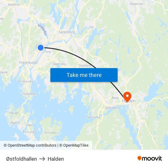 Østfoldhallen to Halden map