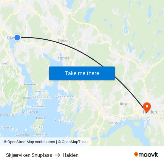 Skjærviken Snuplass to Halden map