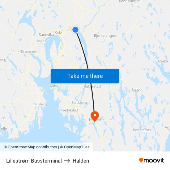 Lillestrøm Bussterminal to Halden map