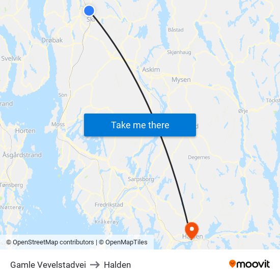 Gamle Vevelstadvei to Halden map