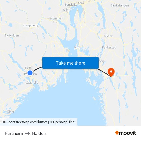 Furuheim to Halden map