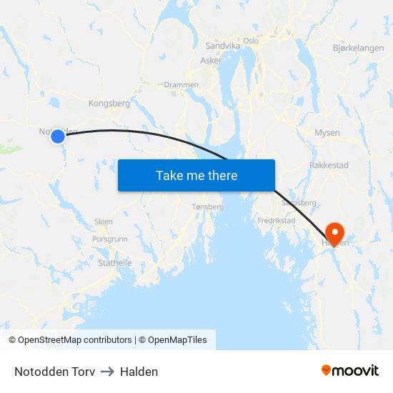 Notodden Torv to Halden map
