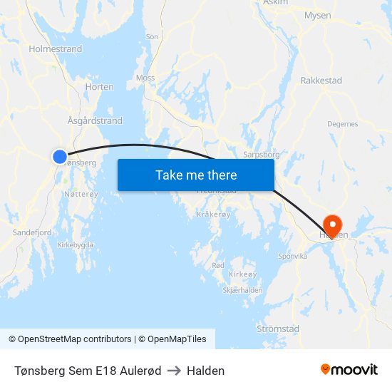 Tønsberg Sem E18 Aulerød to Halden map