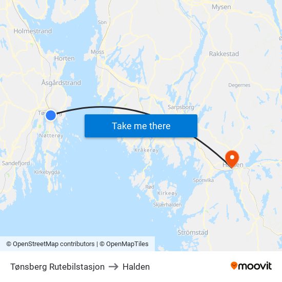 Tønsberg Rutebilstasjon to Halden map