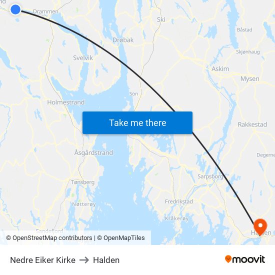 Nedre Eiker Kirke to Halden map