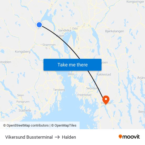 Vikersund Bussterminal to Halden map