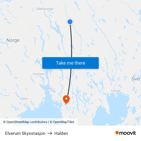 Elverum Skysstasjon to Halden map