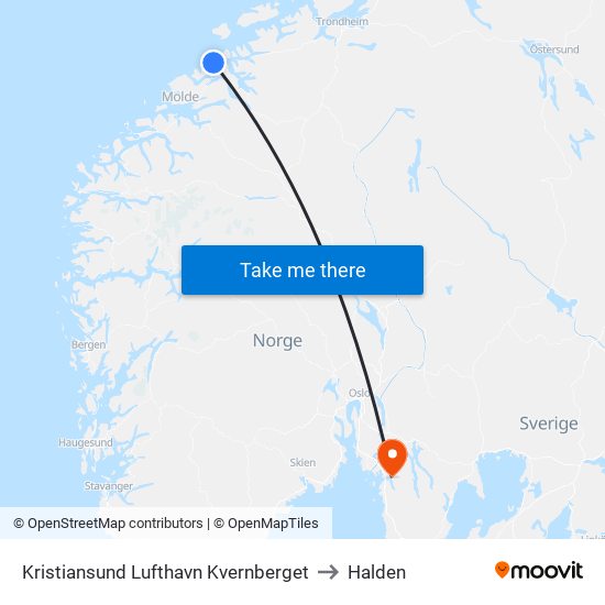 Kristiansund Lufthavn Kvernberget to Halden map