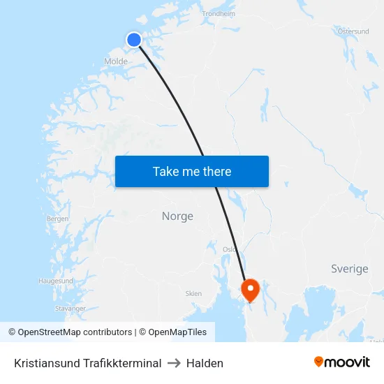 Kristiansund Trafikkterminal to Halden map