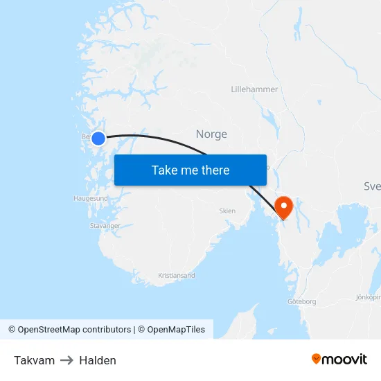 Takvam to Halden map