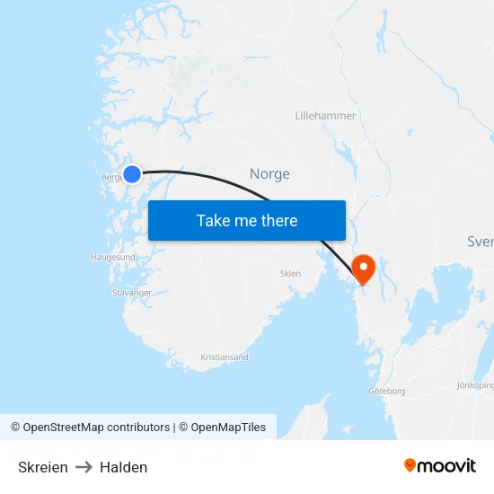 Skreien to Halden map