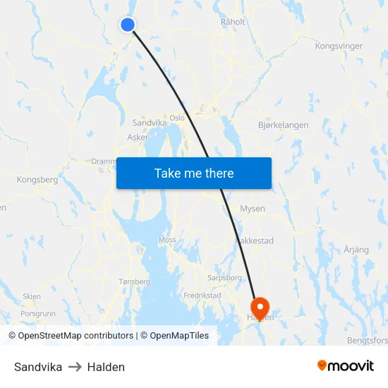 Sandvika to Halden map