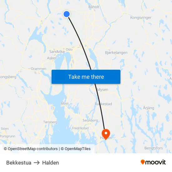 Bekkestua to Halden map