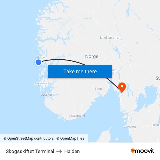 Skogsskiftet Terminal to Halden map