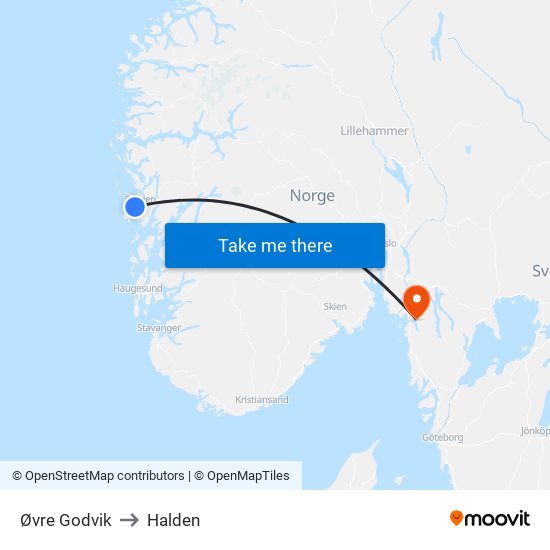 Øvre Godvik to Halden map