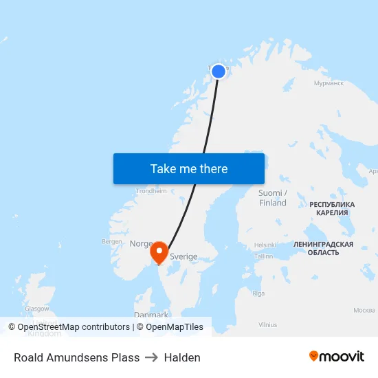 Roald Amundsens Plass to Halden map