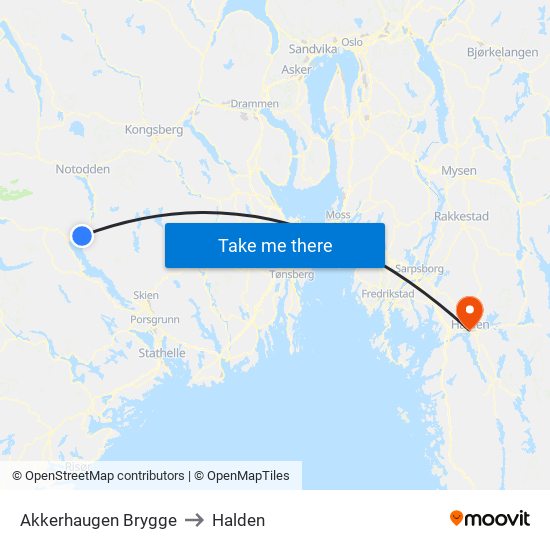 Akkerhaugen Brygge to Halden map