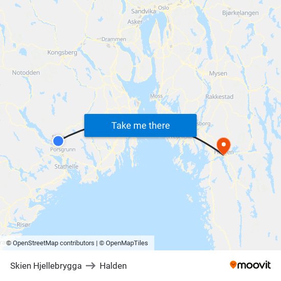 Skien Hjellebrygga to Halden map