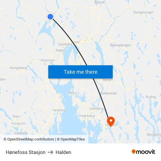 Hønefoss Stasjon to Halden map