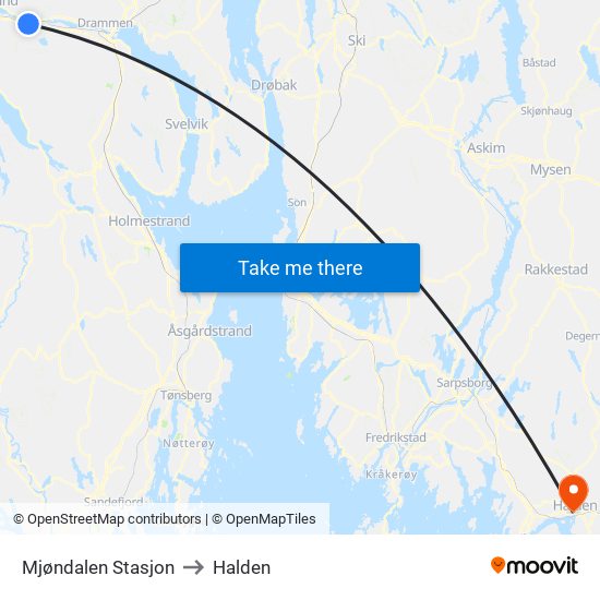 Mjøndalen Stasjon to Halden map