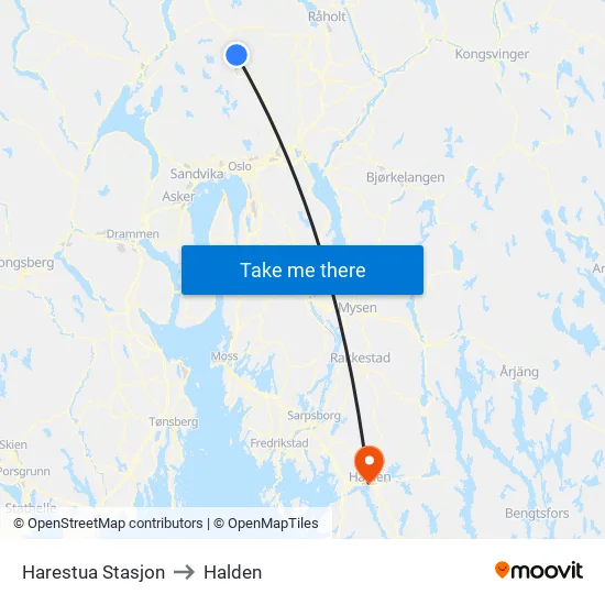 Harestua Stasjon to Halden map