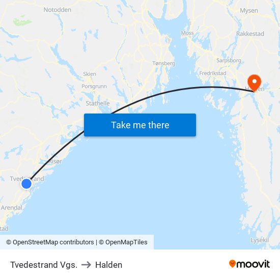 Tvedestrand Vgs. to Halden map