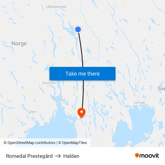 Romedal Prestegård to Halden map