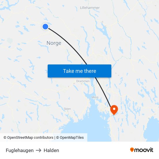 Fuglehaugen to Halden map