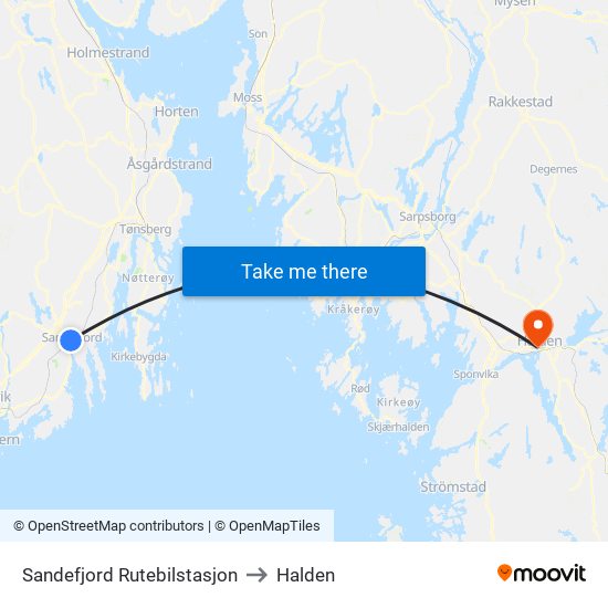 Sandefjord Rutebilstasjon to Halden map