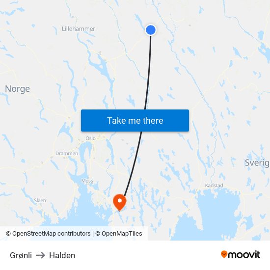 Grønli to Halden map