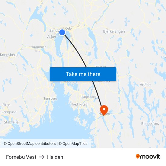 Fornebu Vest to Halden map