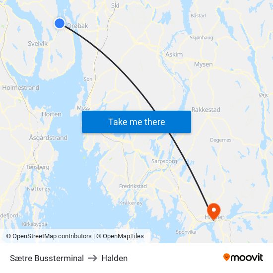 Sætre Bussterminal to Halden map